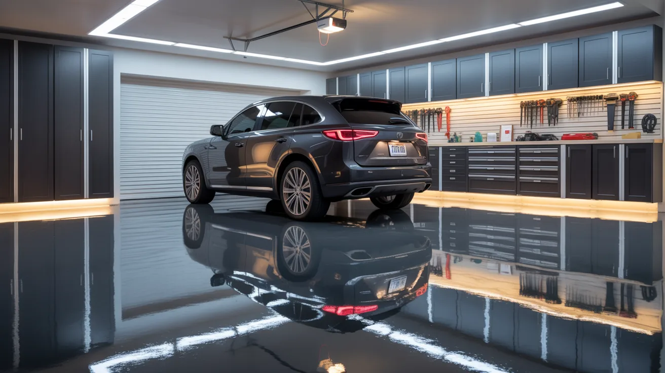 Modern garage upgraded with a durable polyurea floor coating and organized storage.