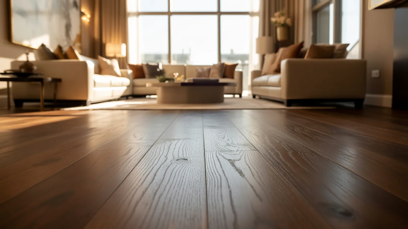 Modern living room with dark stained hardwood floors and warm natural lighting