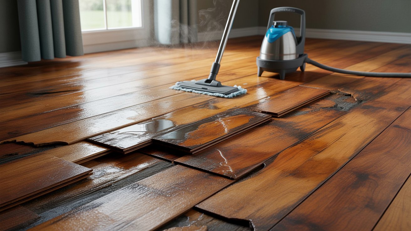 Warped hardwood floor caused by steam moisture damage.