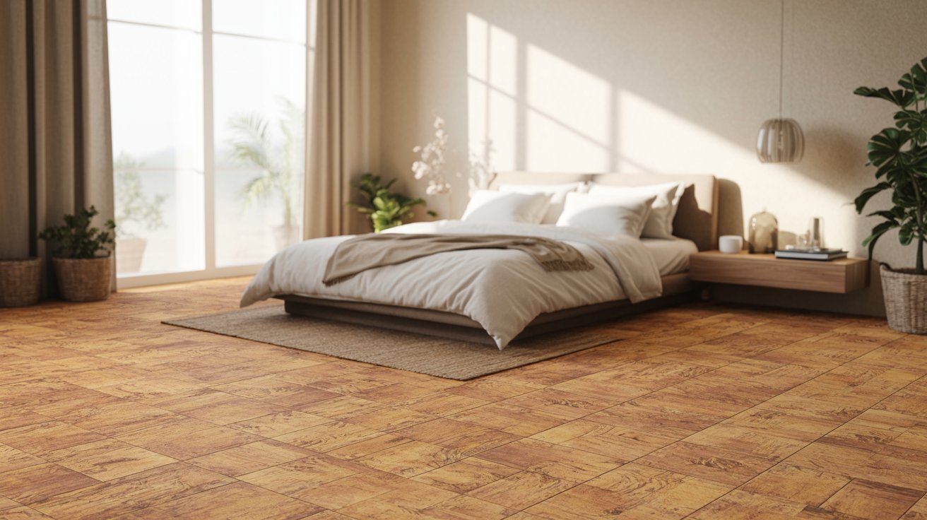Natural cork flooring in a comfortable modern home interior.