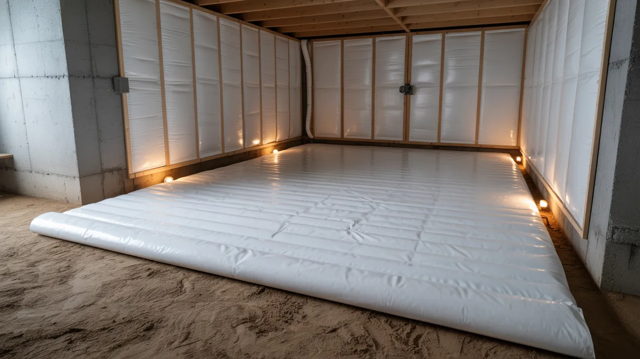 Insulated dirt floor crawl space with vapor barrier and foam board insulation
