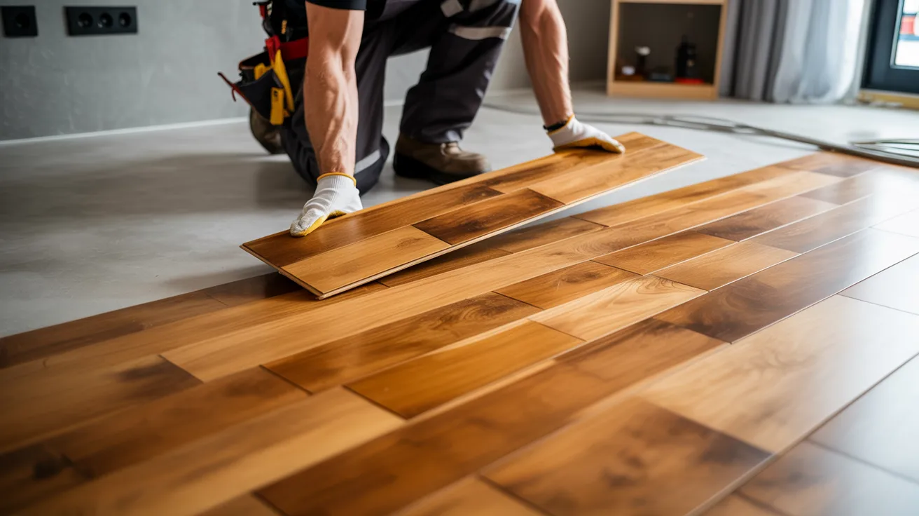 Installer fitting engineered hardwood flooring inside a modern home