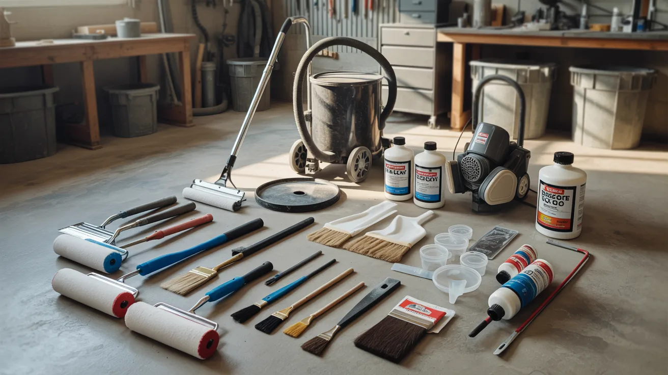 Essential tools and materials needed for a DIY garage floor refinishing project.