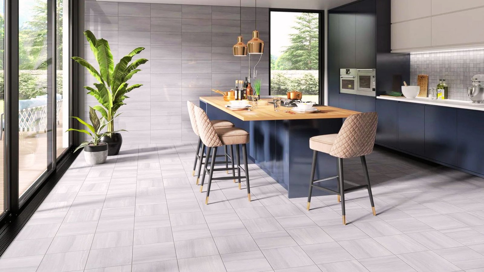 kitchen having Matte Finish Porcelain Tile Floors.
