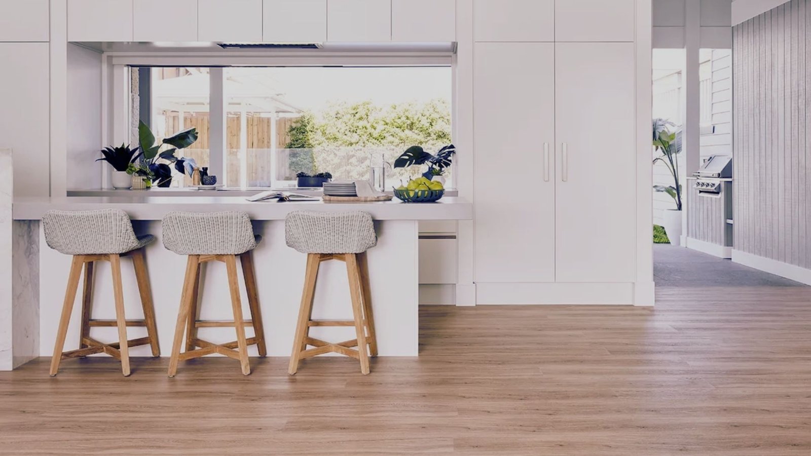 Room with hybrid flooring.