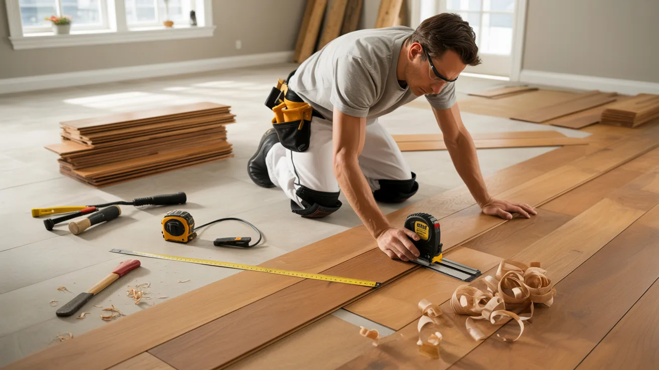 Professional contractor installing hardwood flooring in a home
