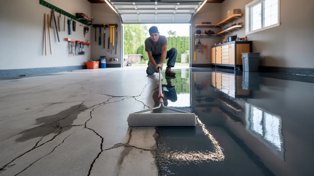 Homeowner applying epoxy coating while refinishing a garage floor with a visible before-and-after contrast between damaged concrete and a glossy finished surface.