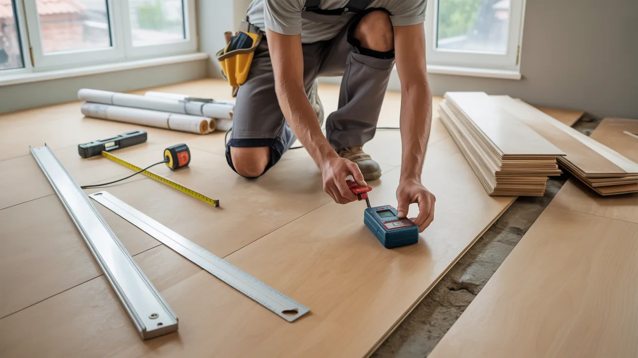 Flooring installer preparing and leveling a subfloor before installation.