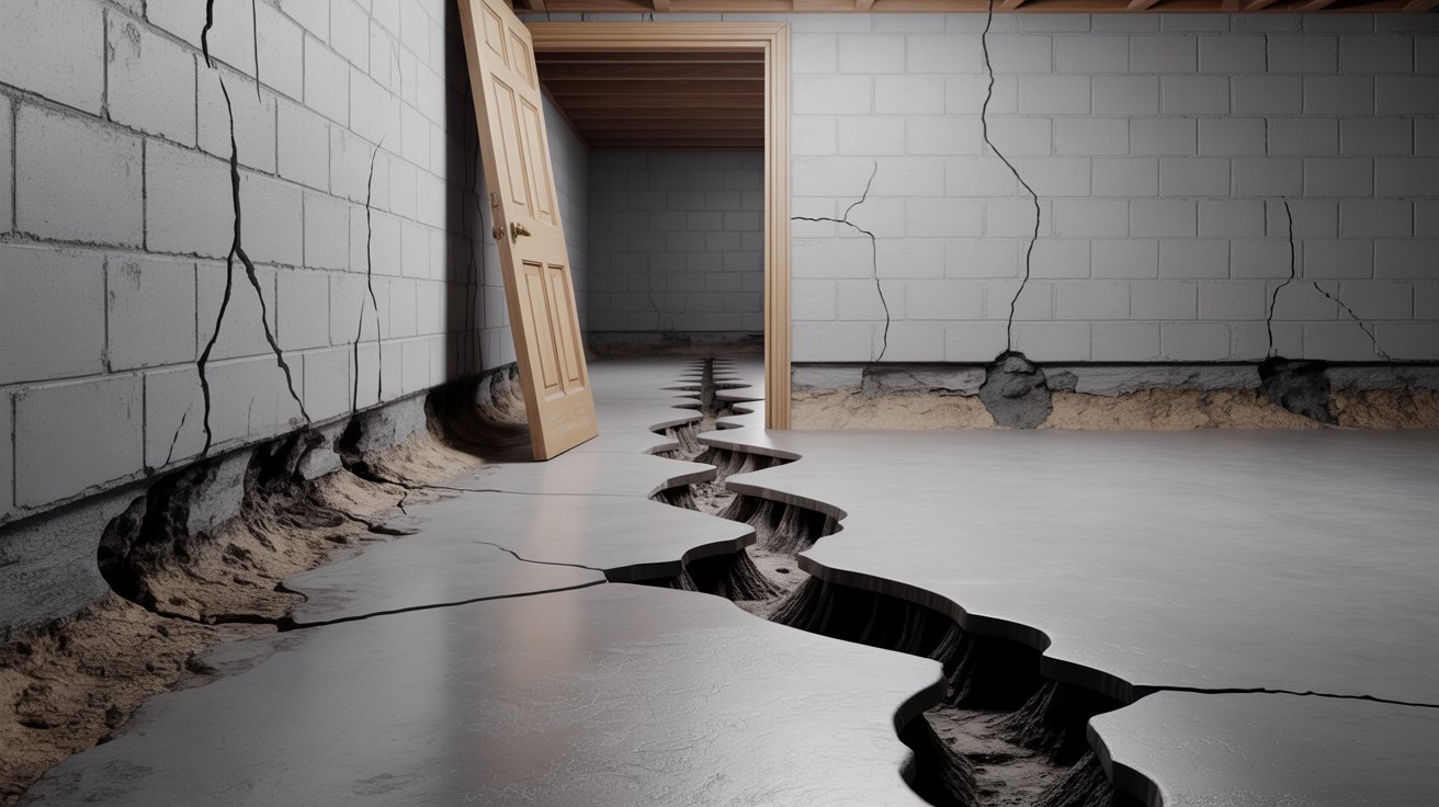 Basement floor showing signs of structural damage and uneven concrete.