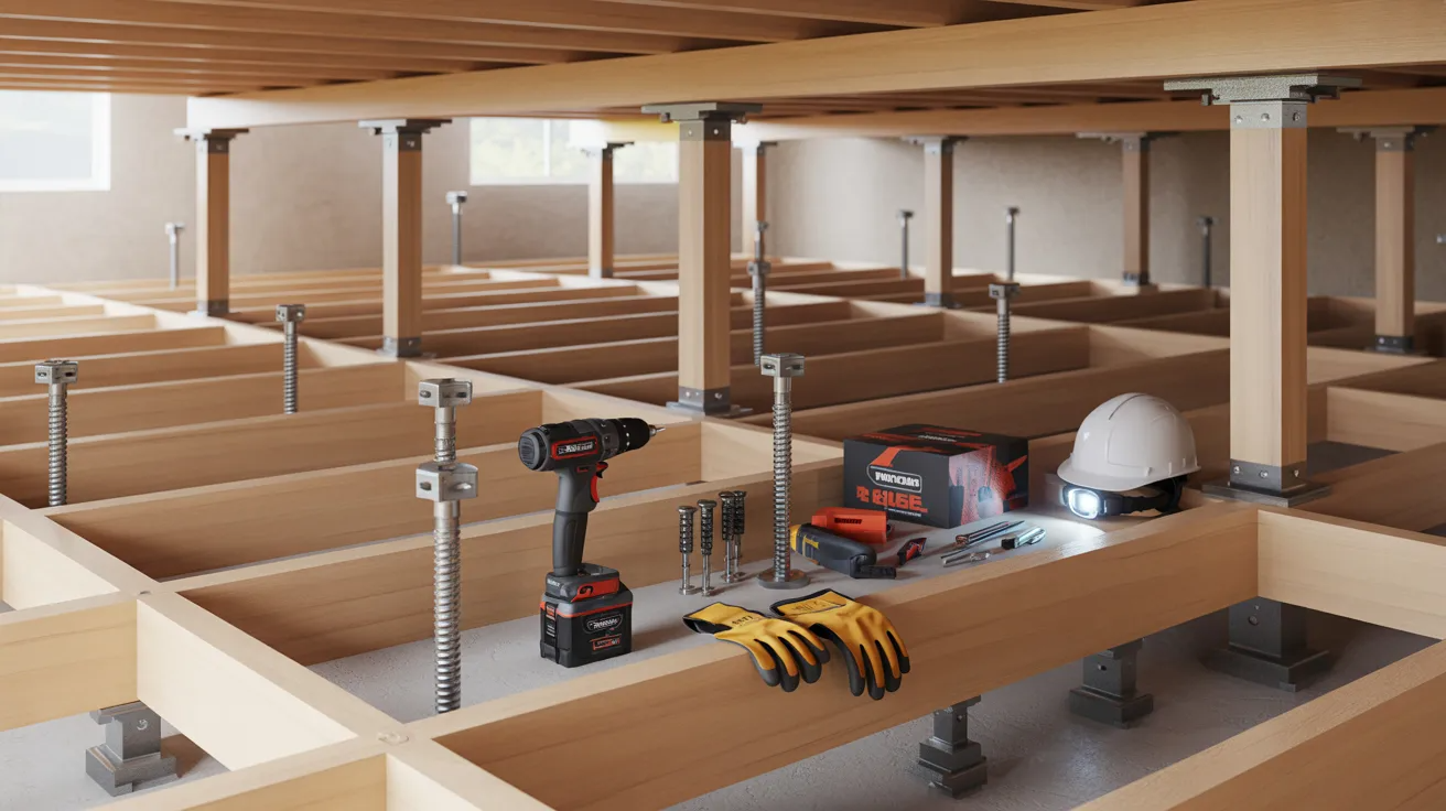 DIY sagging floor repair tools and support setup in a crawl space.