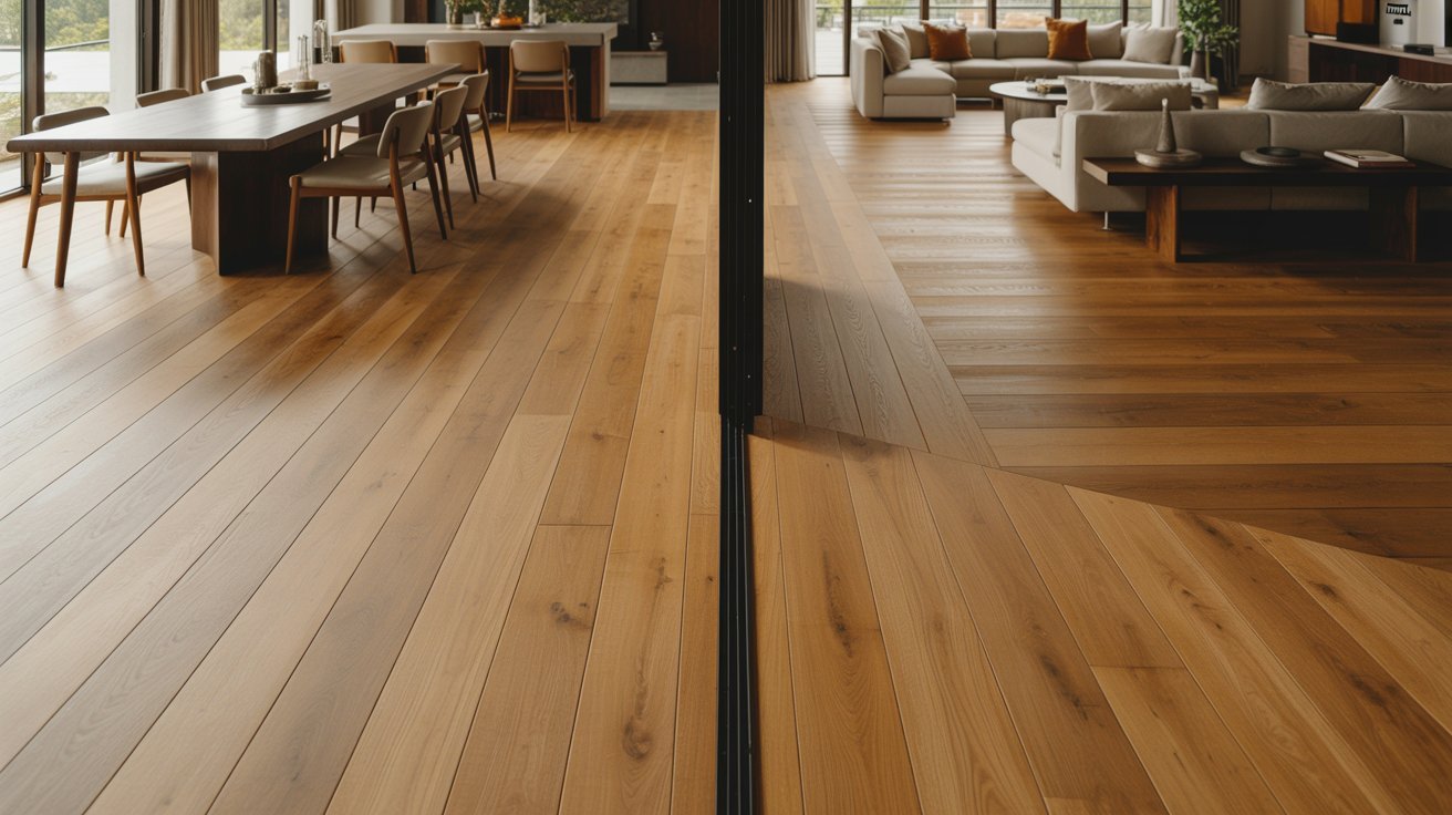 Open-concept home using flooring direction changes to define spaces.