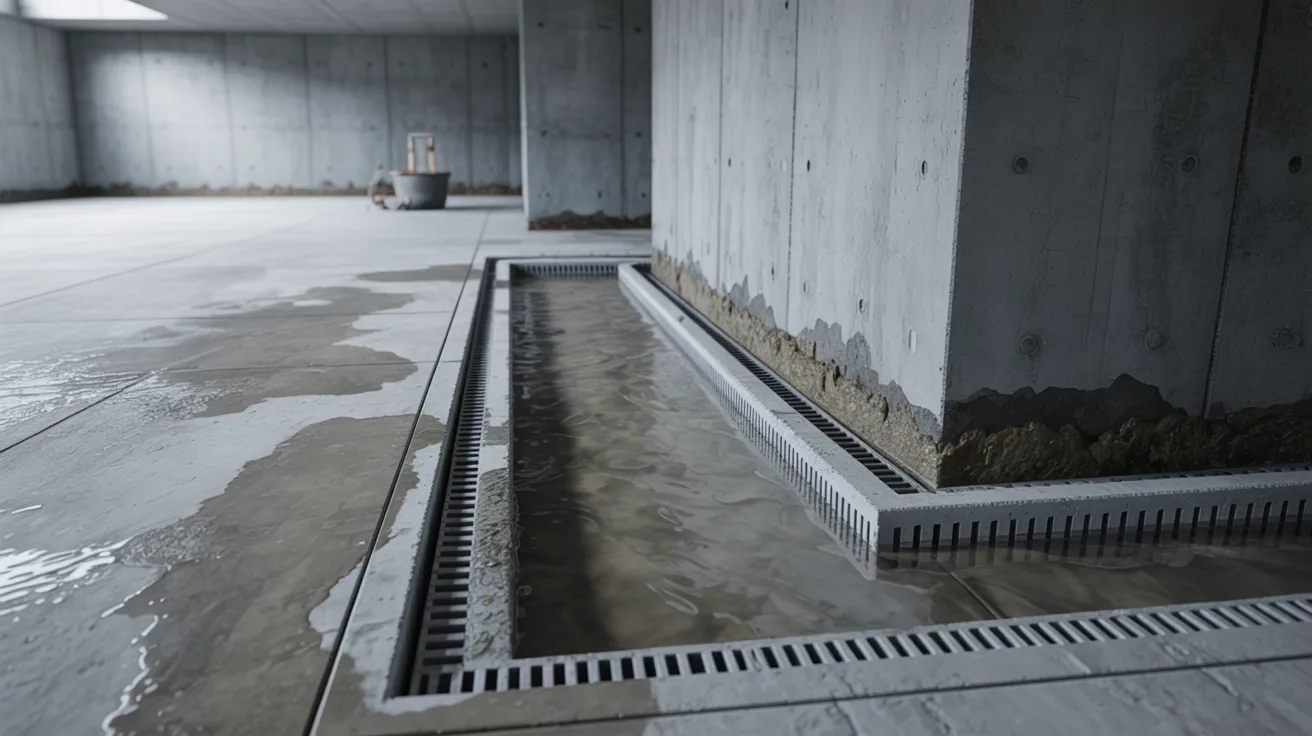 Basement perimeter drainage system installed along the wall and floor edge directing water to a sump pit.