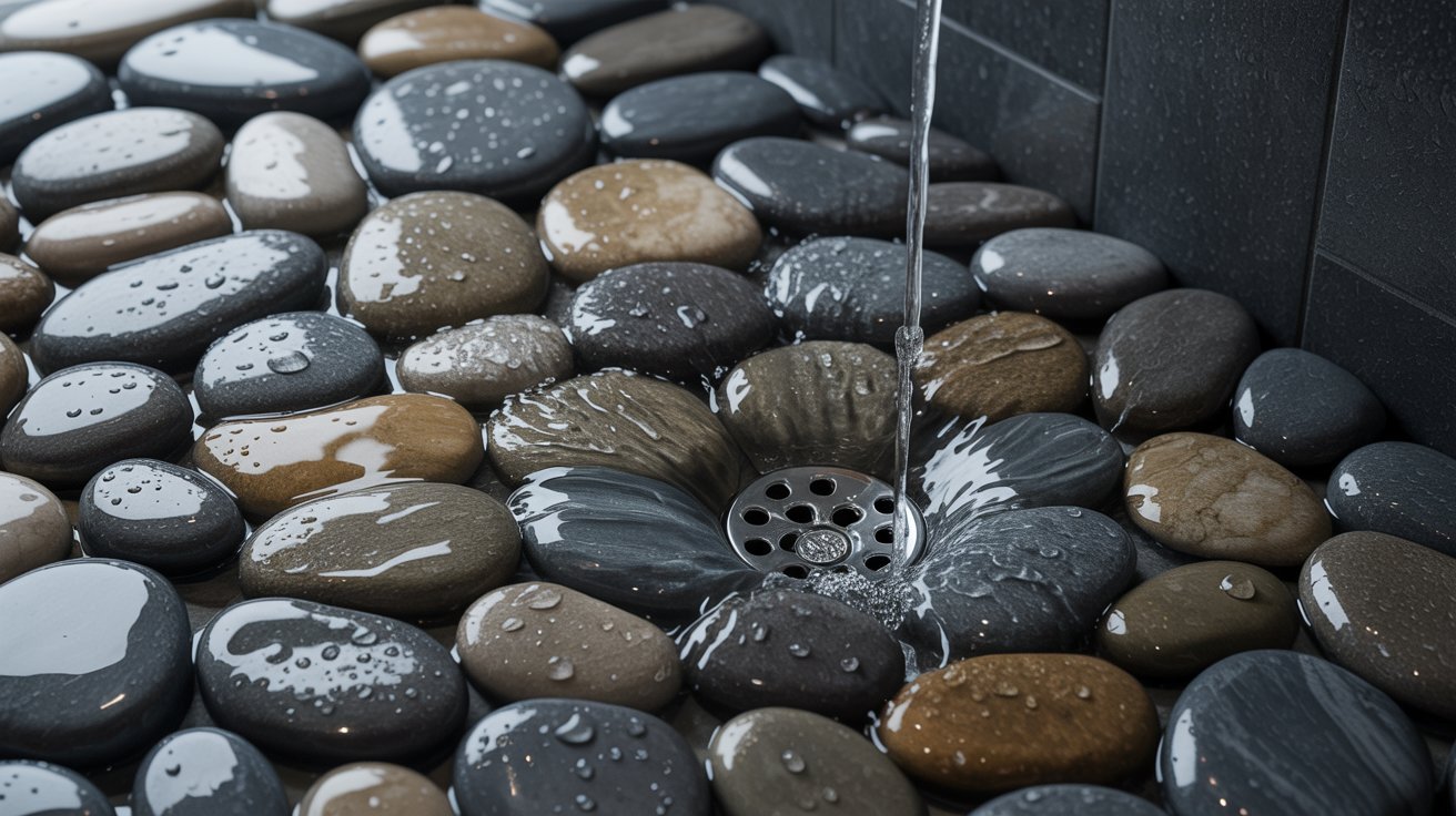 Water pooling around a river rock shower drain due to poor slope.