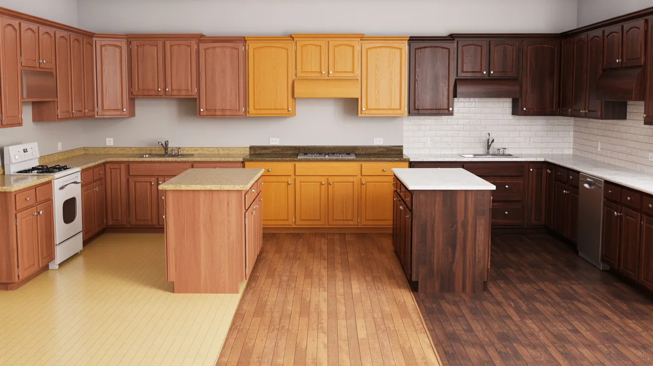 Different oak cabinet shades paired with matching floor colors.