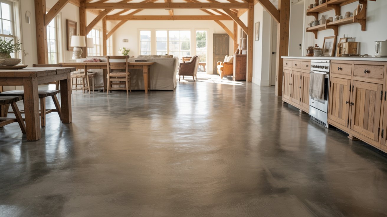 Farmhouse kitchen and living room with stained concrete floors.