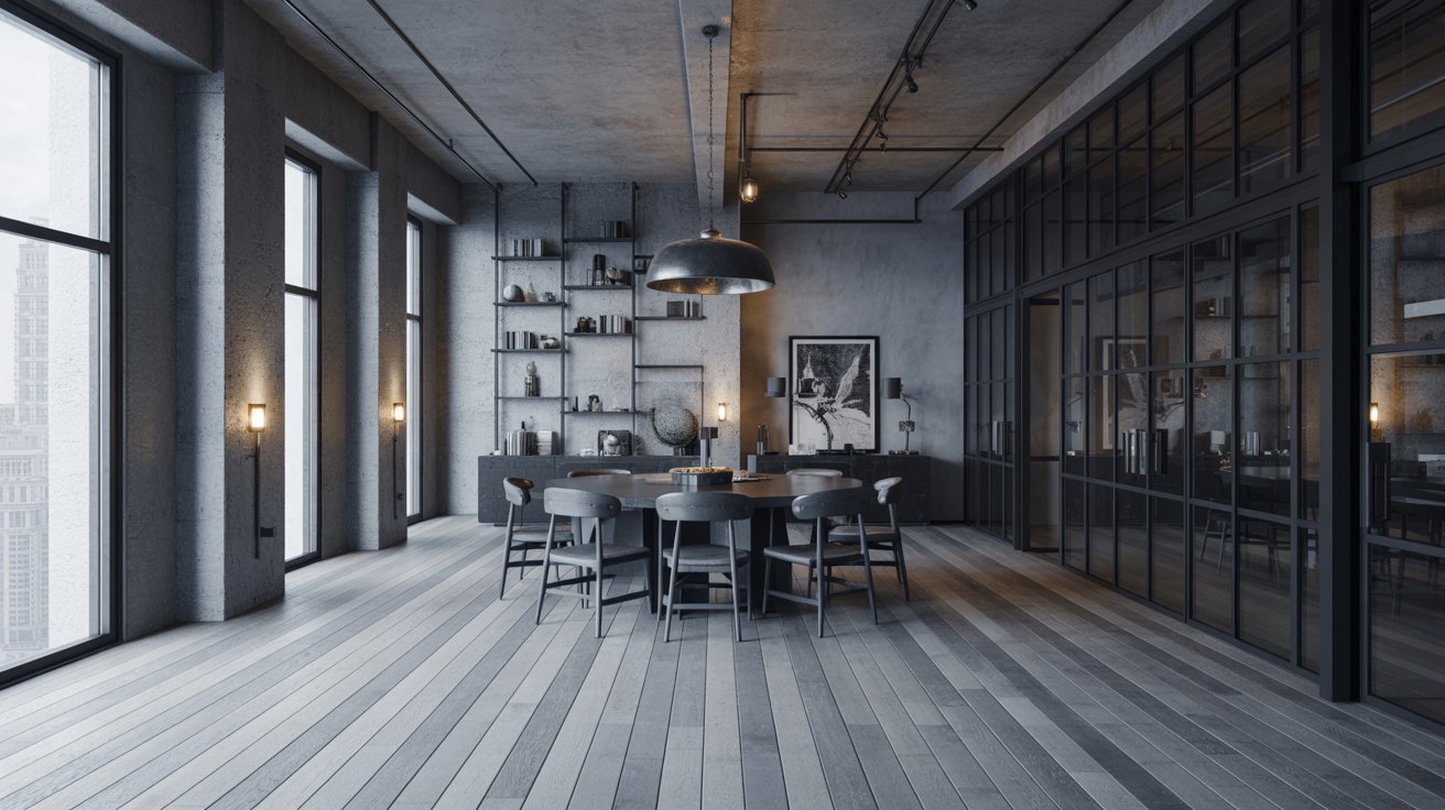 Silver and steel toned hardwood floors in a sleek industrial modern interior.