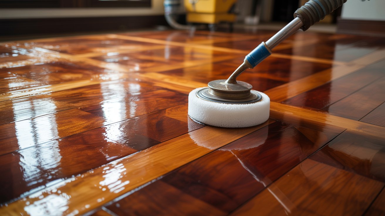 Applying polyurethane finish to stained hardwood flooring.