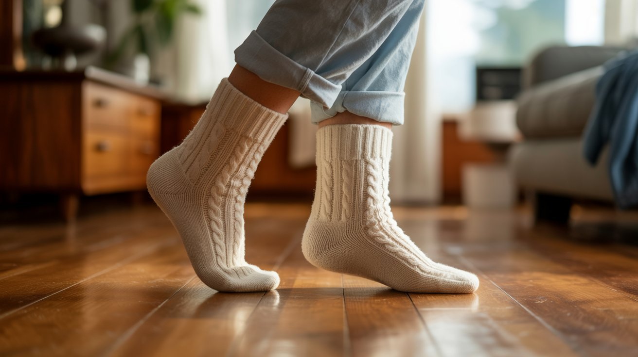Person wearing socks to protect hardwood floors from scratches.