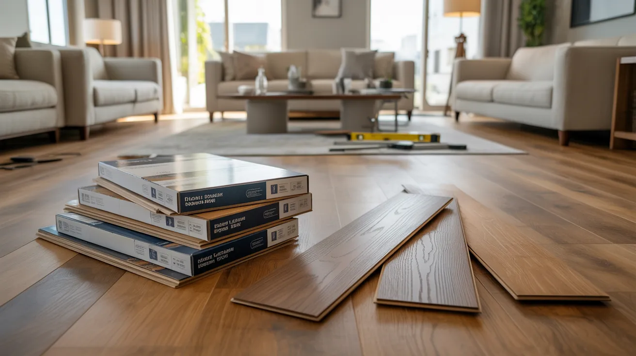 Laminate flooring boxes acclimating inside a modern living room before installation