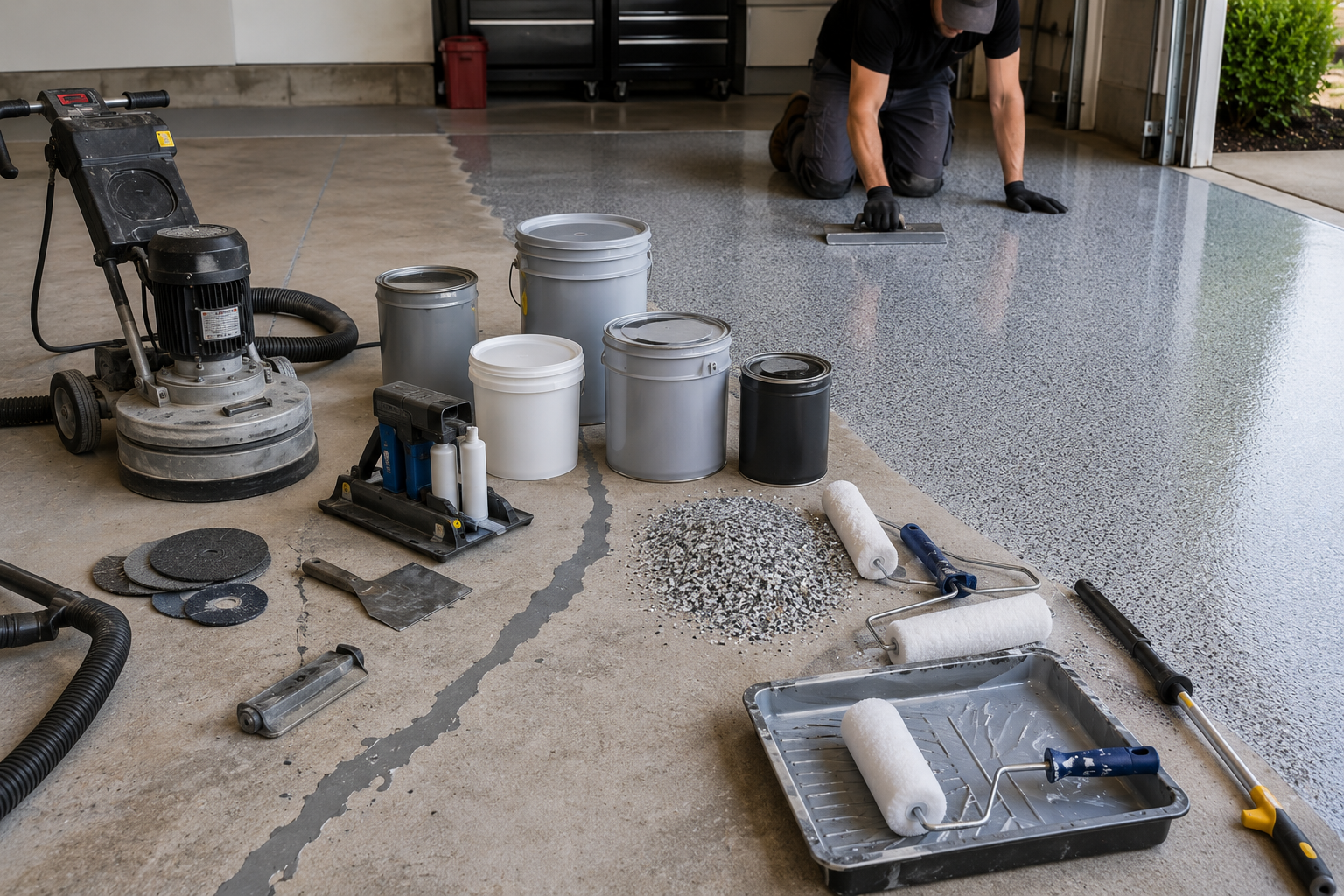 Garage floor coating installation process including surface prep and decorative finishing.