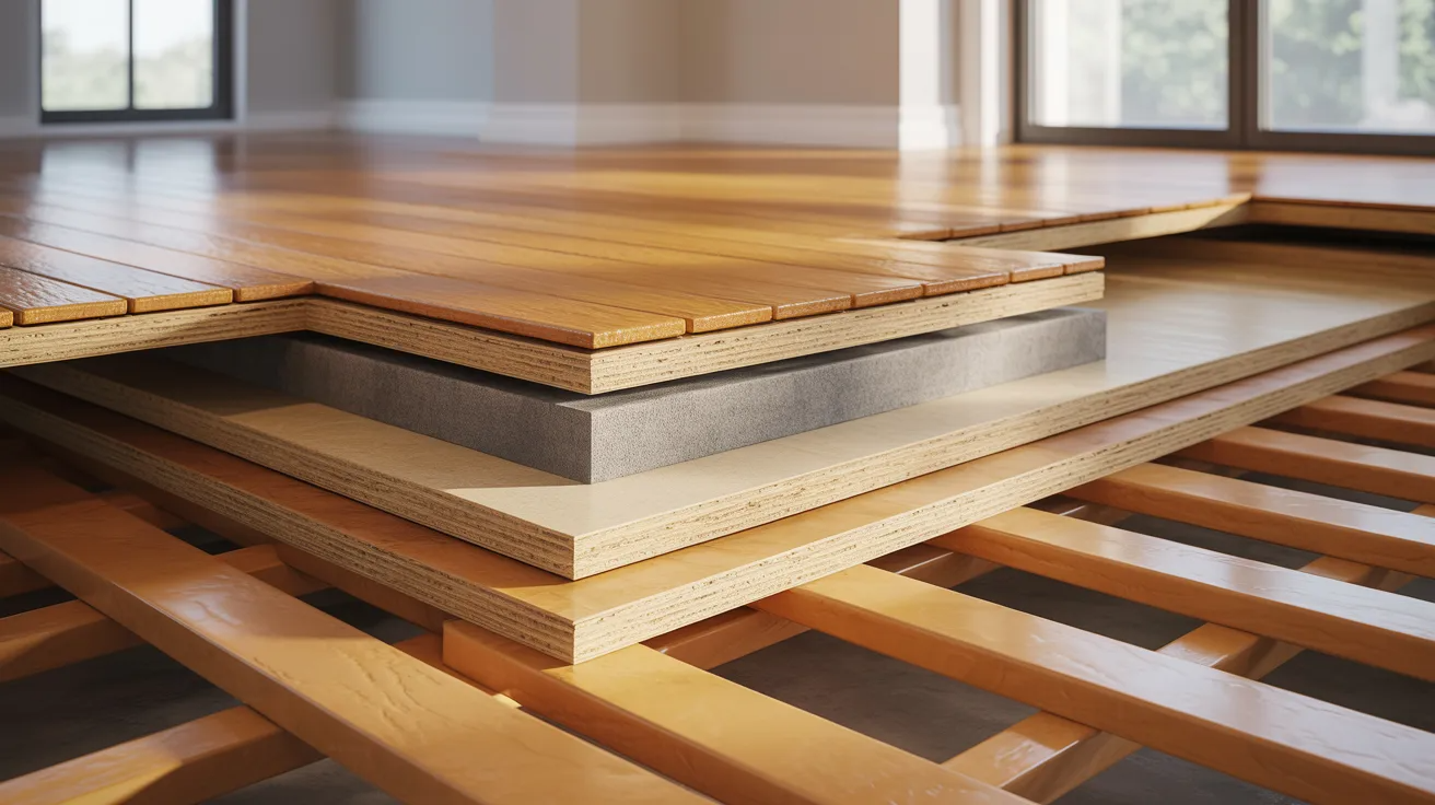 Cutaway view of a home flooring system showing hardwood flooring, underlayment, subfloor, and floor joists.