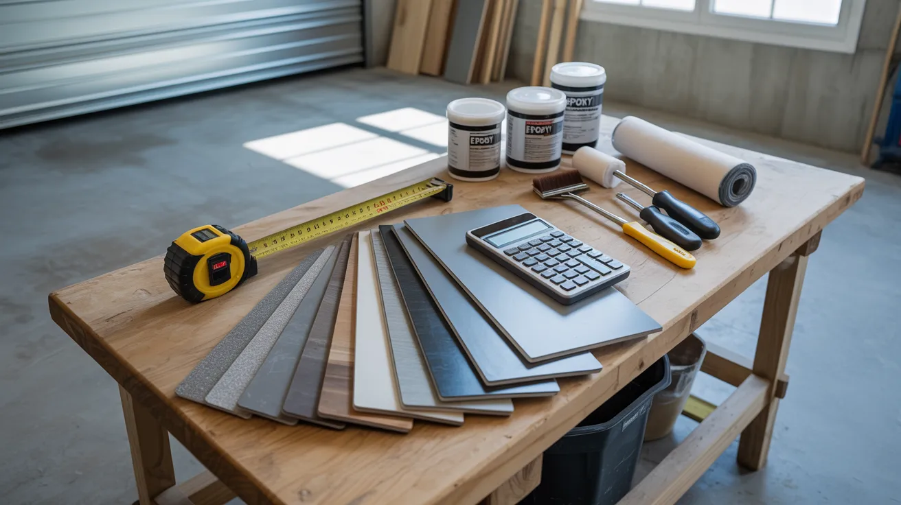 Garage floor coating cost planning setup with calculator, measurements, and coating samples.