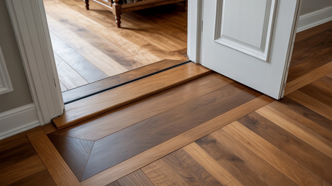 Wood flooring transition placed neatly under a doorway.