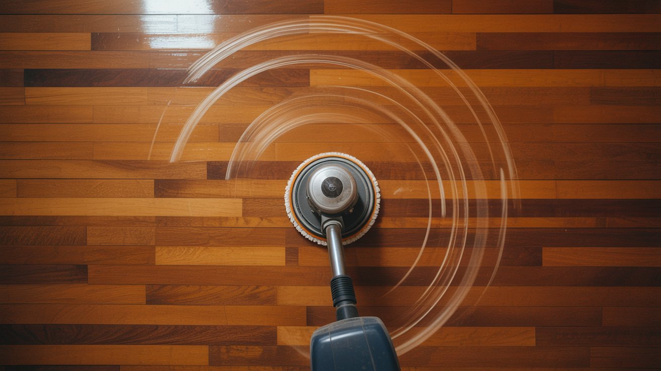 Using overlapping passes while buffing hardwood floors.