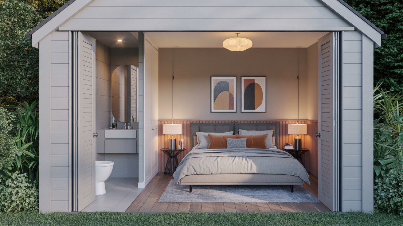 Garage conversion featuring a guest bedroom with a small attached bathroom.