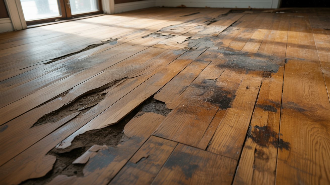 Deeply damaged hardwood floor that needs refinishing instead of recoating.