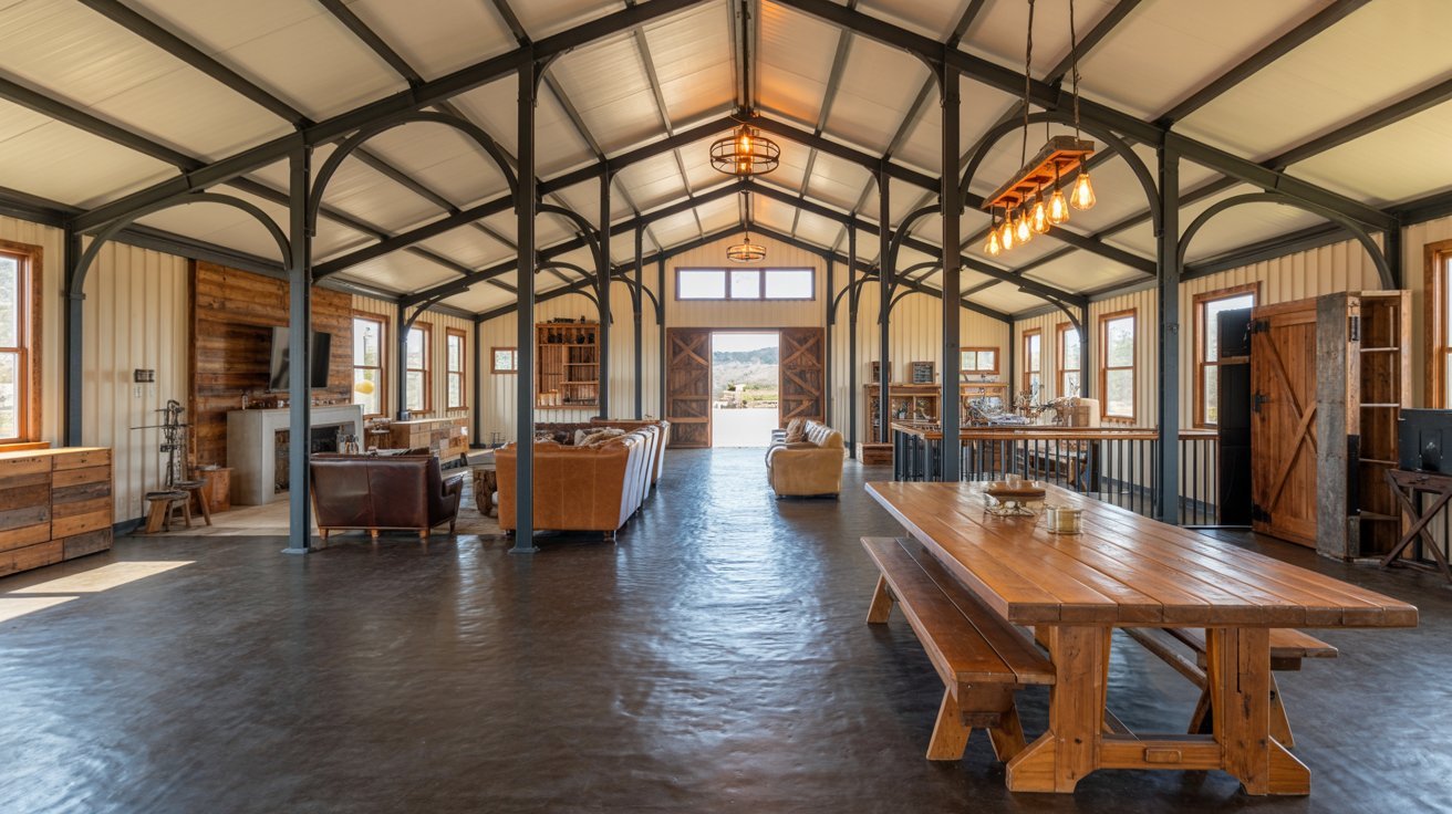 Barndominium interior with farmhouse stained concrete flooring.