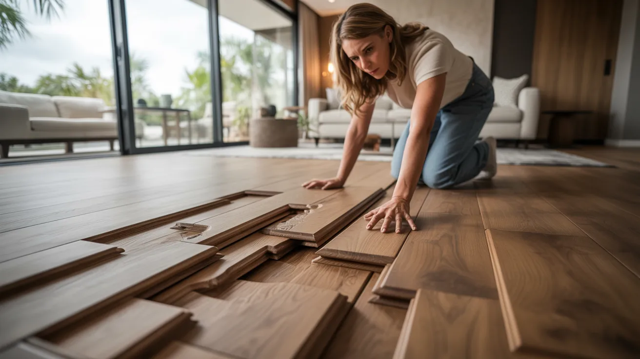 Cupped hardwood floor with raised plank edges inside a modern home