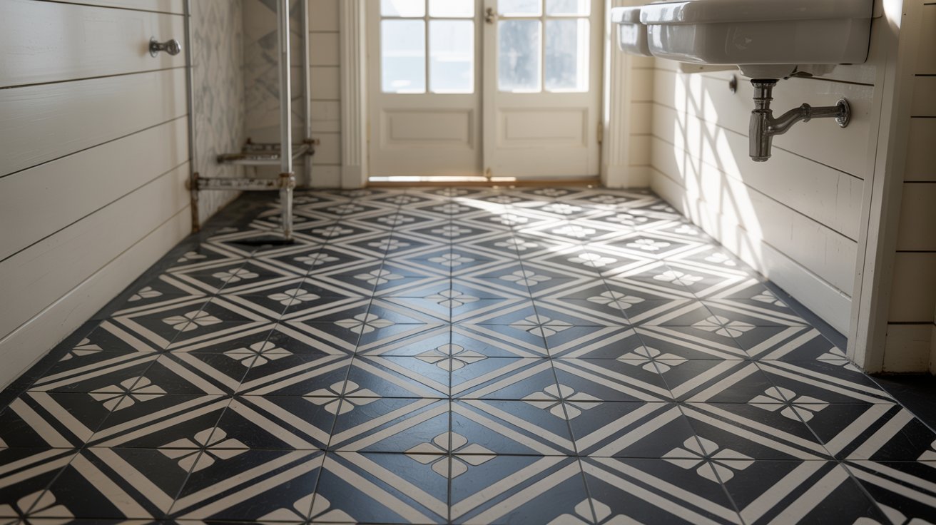Black and white stencil painted linoleum floor.
