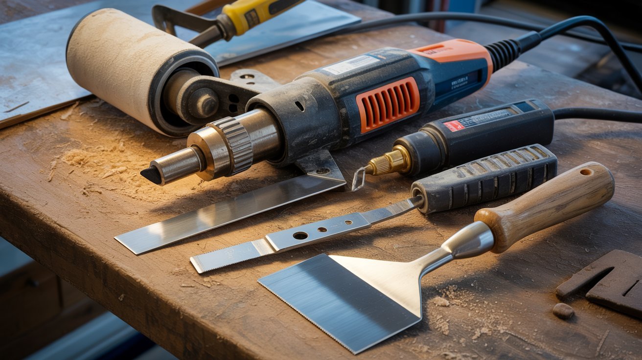 Vinyl floor repair tools arranged on a work surface.