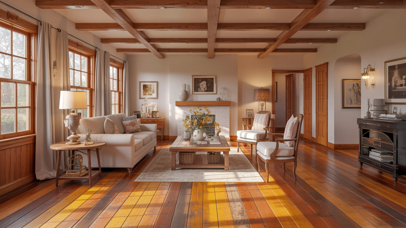 Honey and amber hardwood floors in a warm cozy traditional living room.