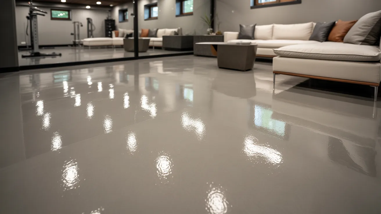 Modern basement with glossy epoxy flooring and finished living space