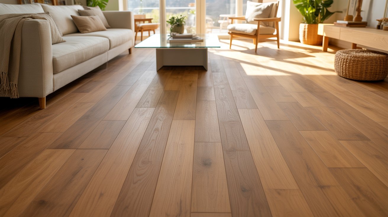 Popular wood-look flooring trends with wide plank light oak designs.