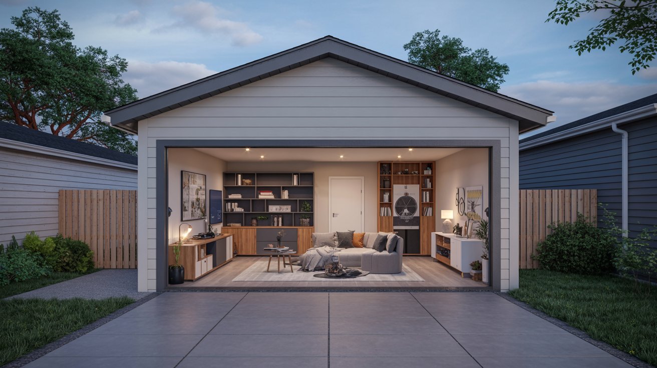 Modern single garage conversion transformed into a functional living space with stylish interior design.