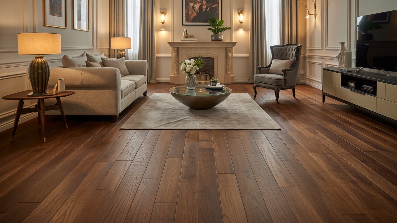Medium brown hardwood flooring in a warm and inviting living room.