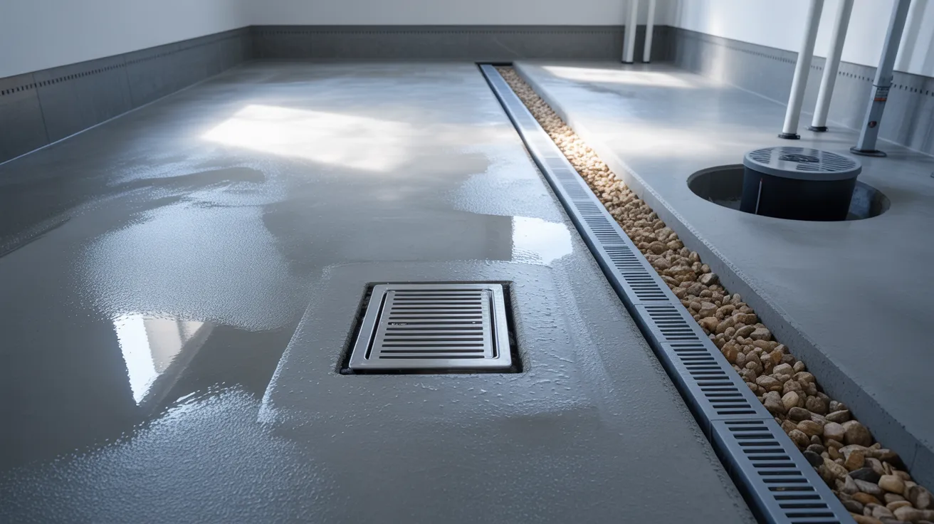 Modern basement showing different basement floor drain systems and waterproofing setup