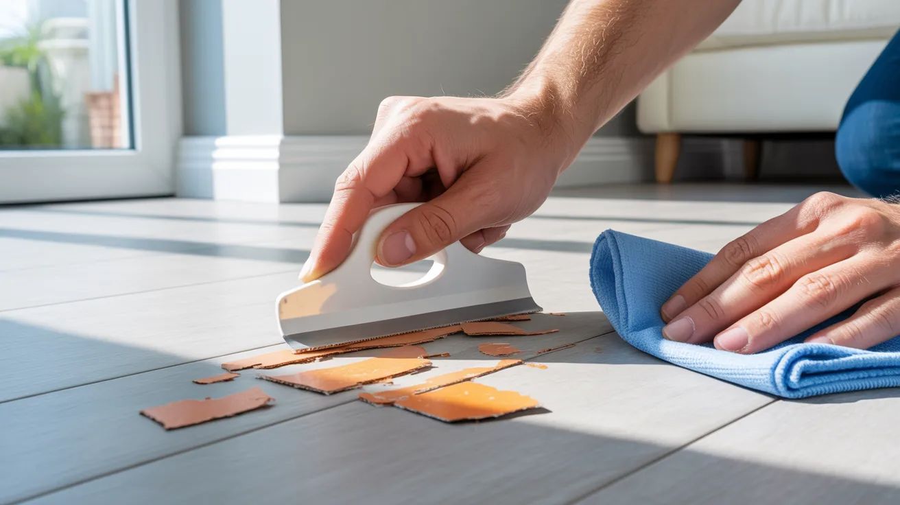 Scraping and wiping paint residue from vinyl flooring.