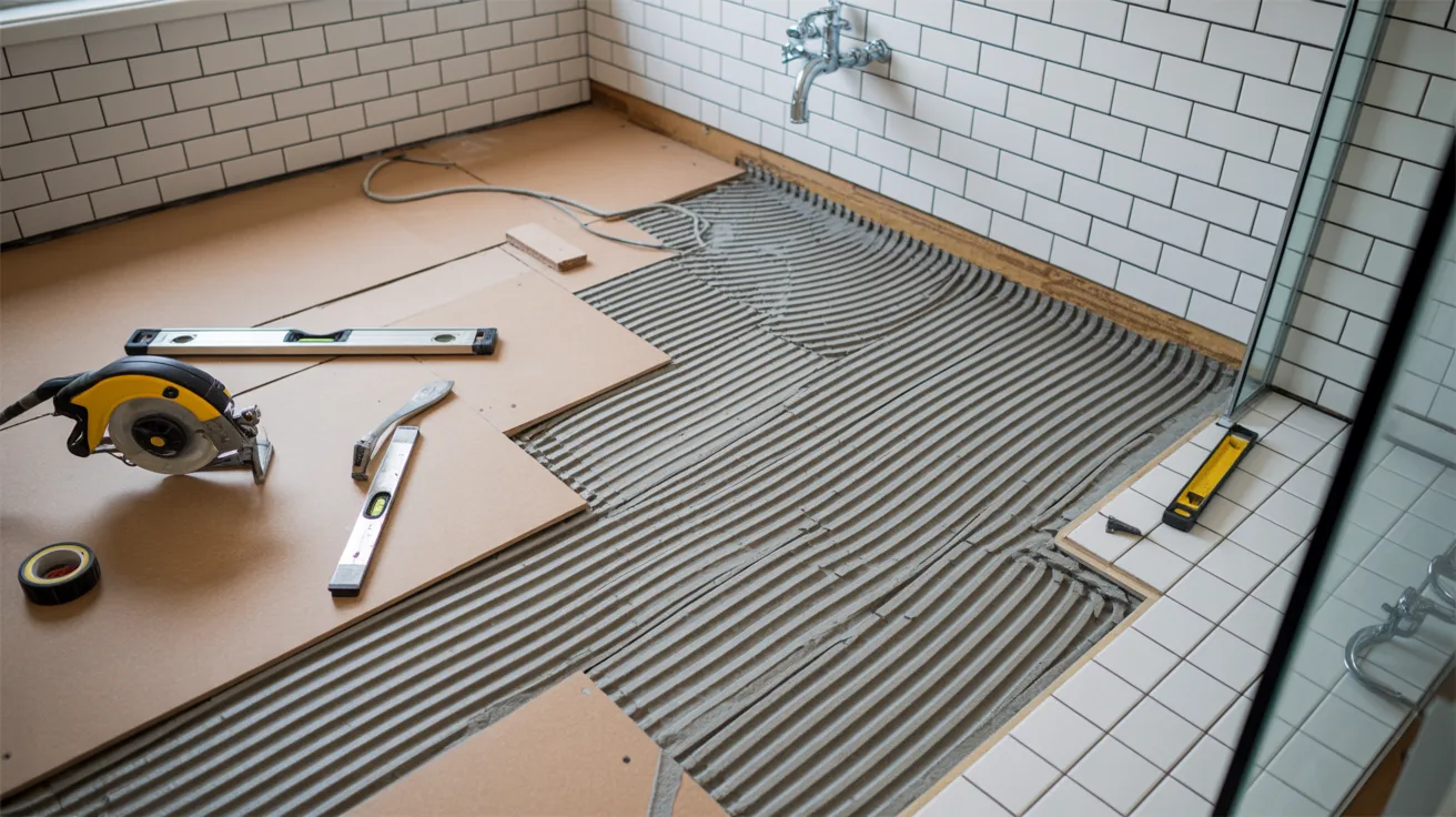 Bathroom subfloor installation with moisture-resistant materials beneath tile flooring.