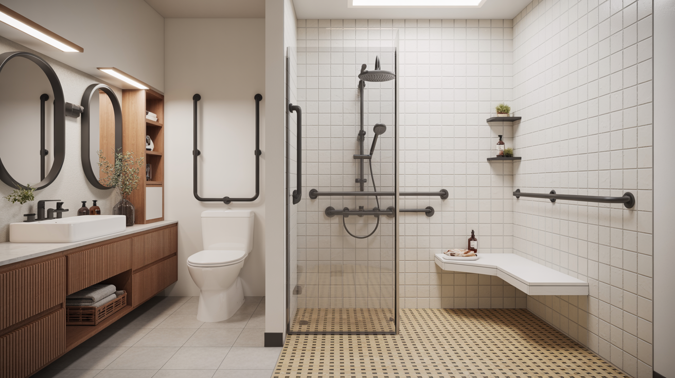 Safe granny pod bathroom with walk-in shower, grab bars, and non-slip flooring.