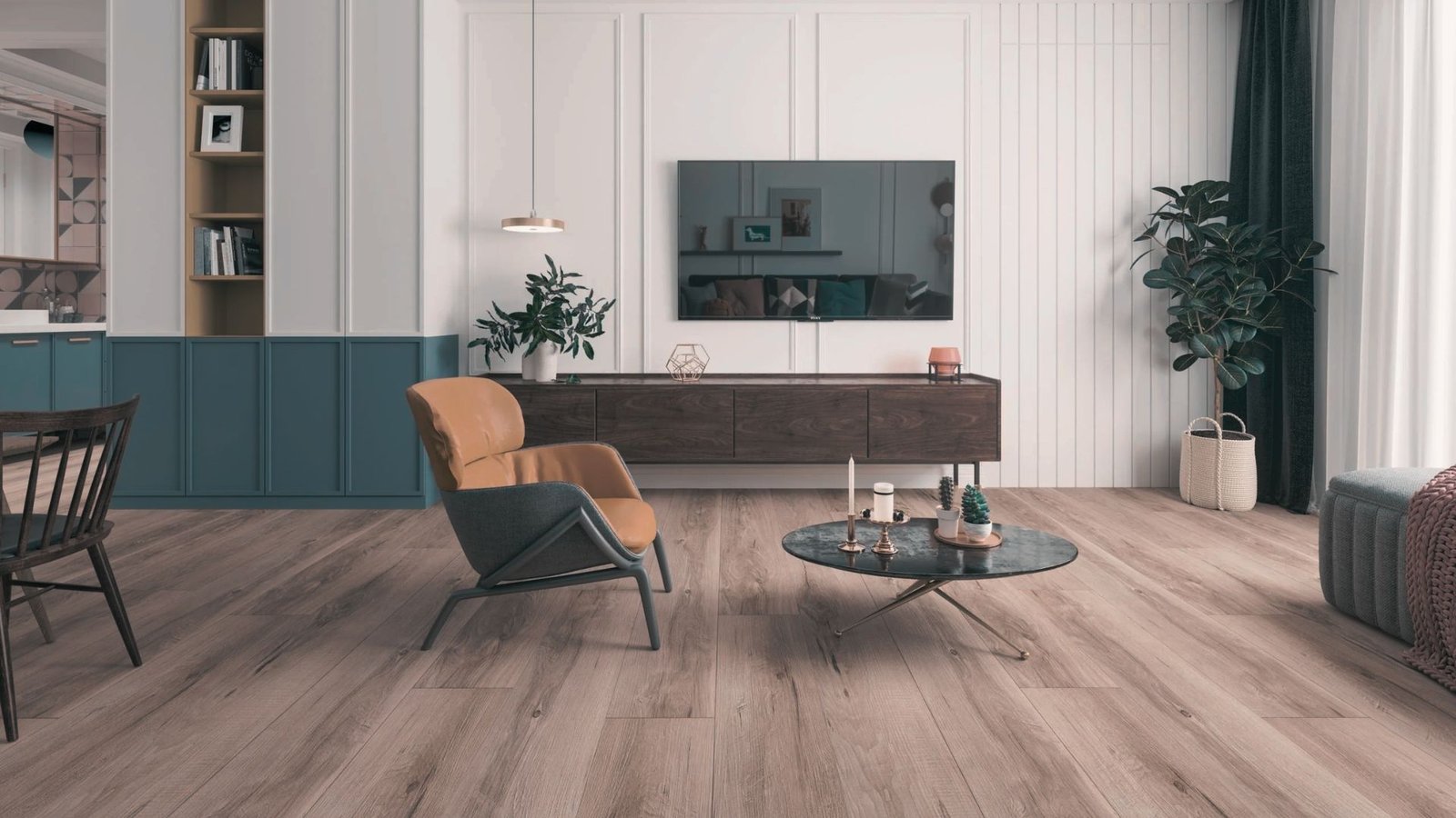 A living having vinyl plank flooring.