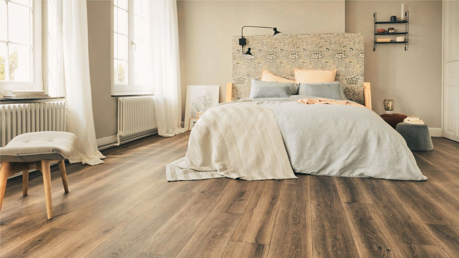 Bedroom showing the vinyl flooring.