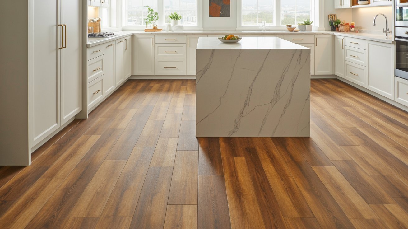 Luxury vinyl plank flooring in a modern waterproof kitchen.
