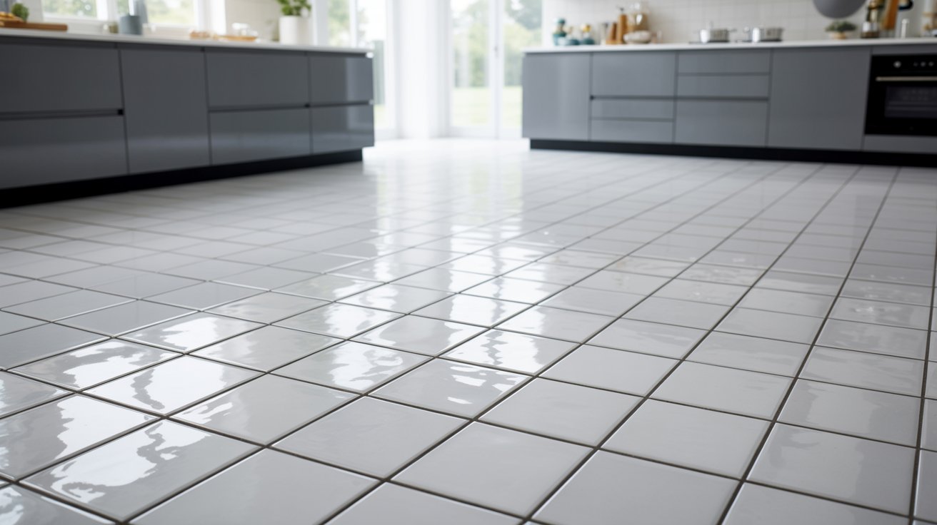 Ceramic tile flooring in a clean modern kitchen.