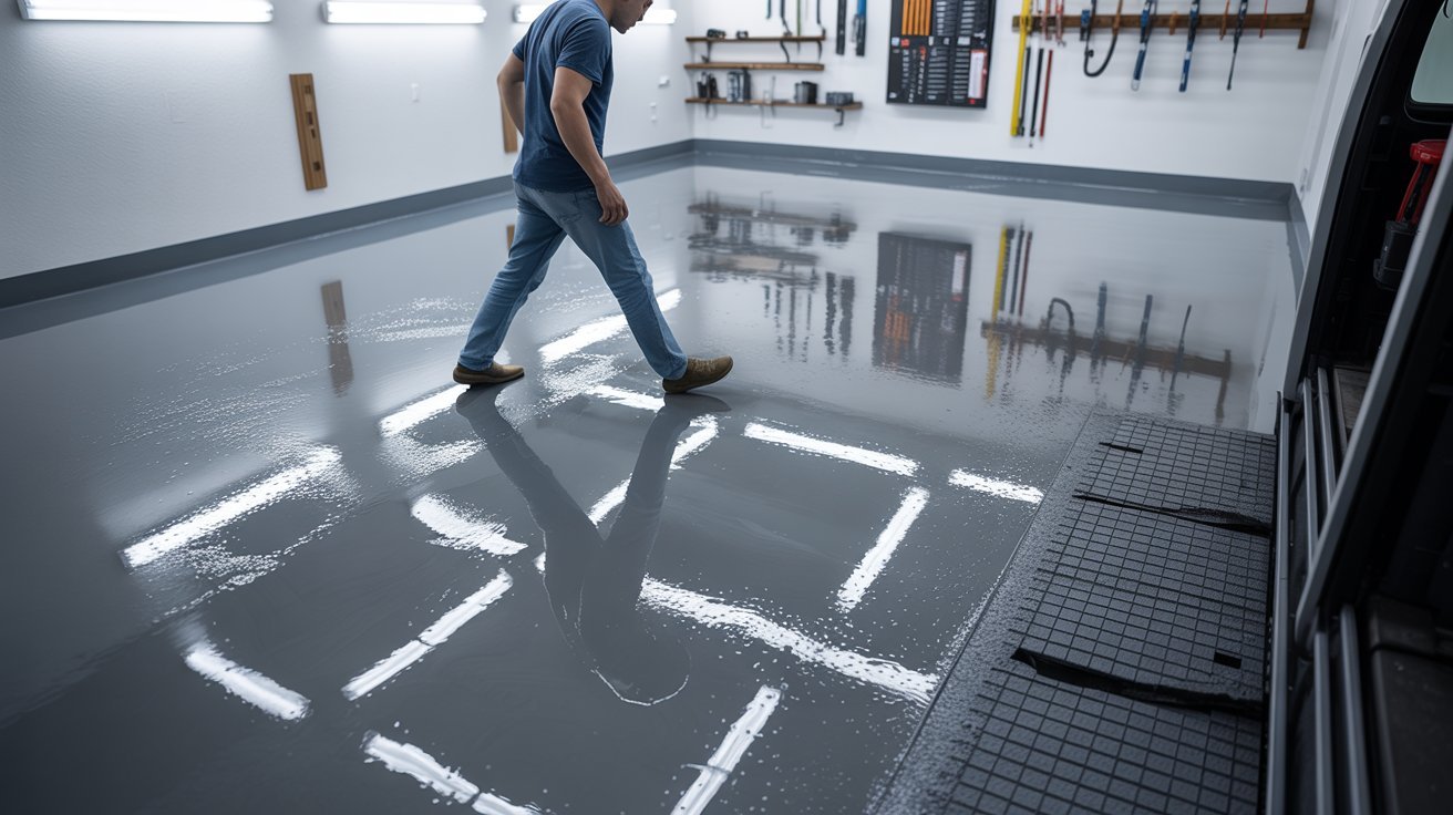 Homeowner walking carefully on a glossy epoxy garage floor with anti-slip texture.