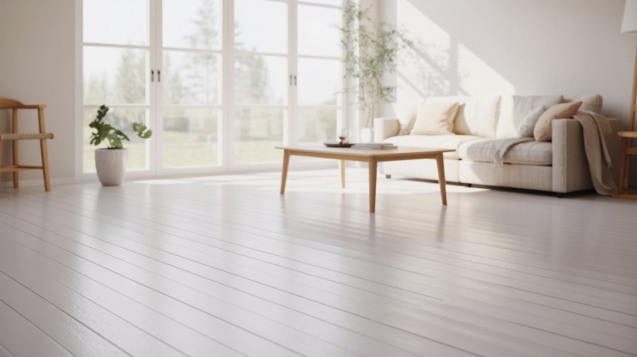 Bright room with white painted hardwood floors and Scandinavian decor.
