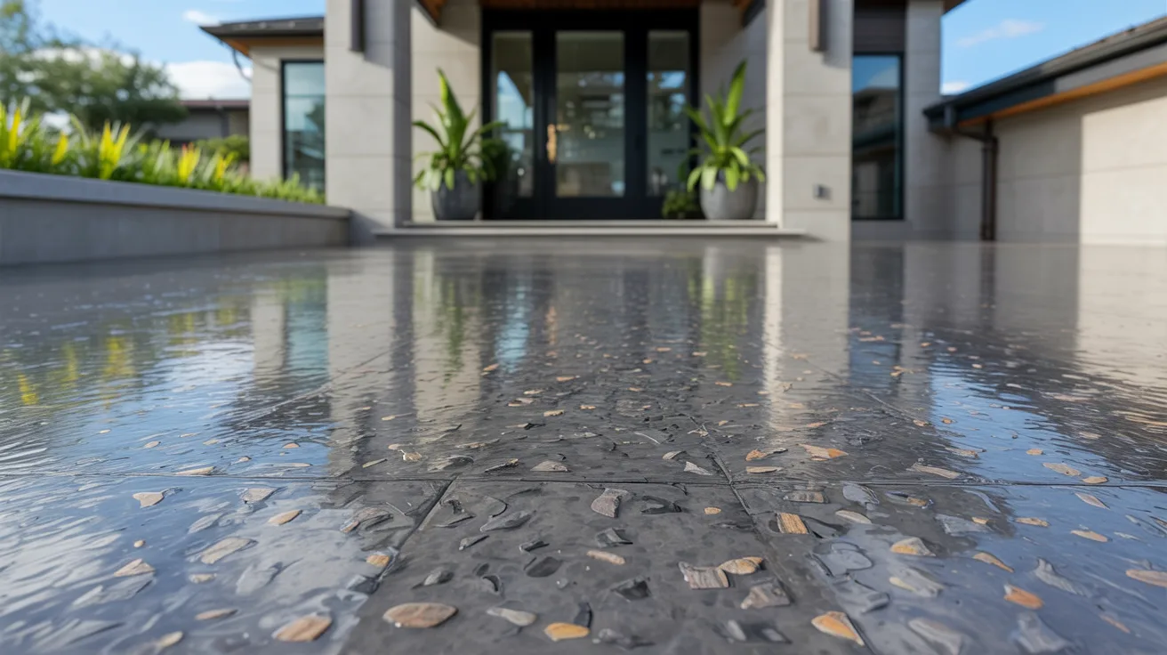 Front porch with decorative polyaspartic concrete coating finish